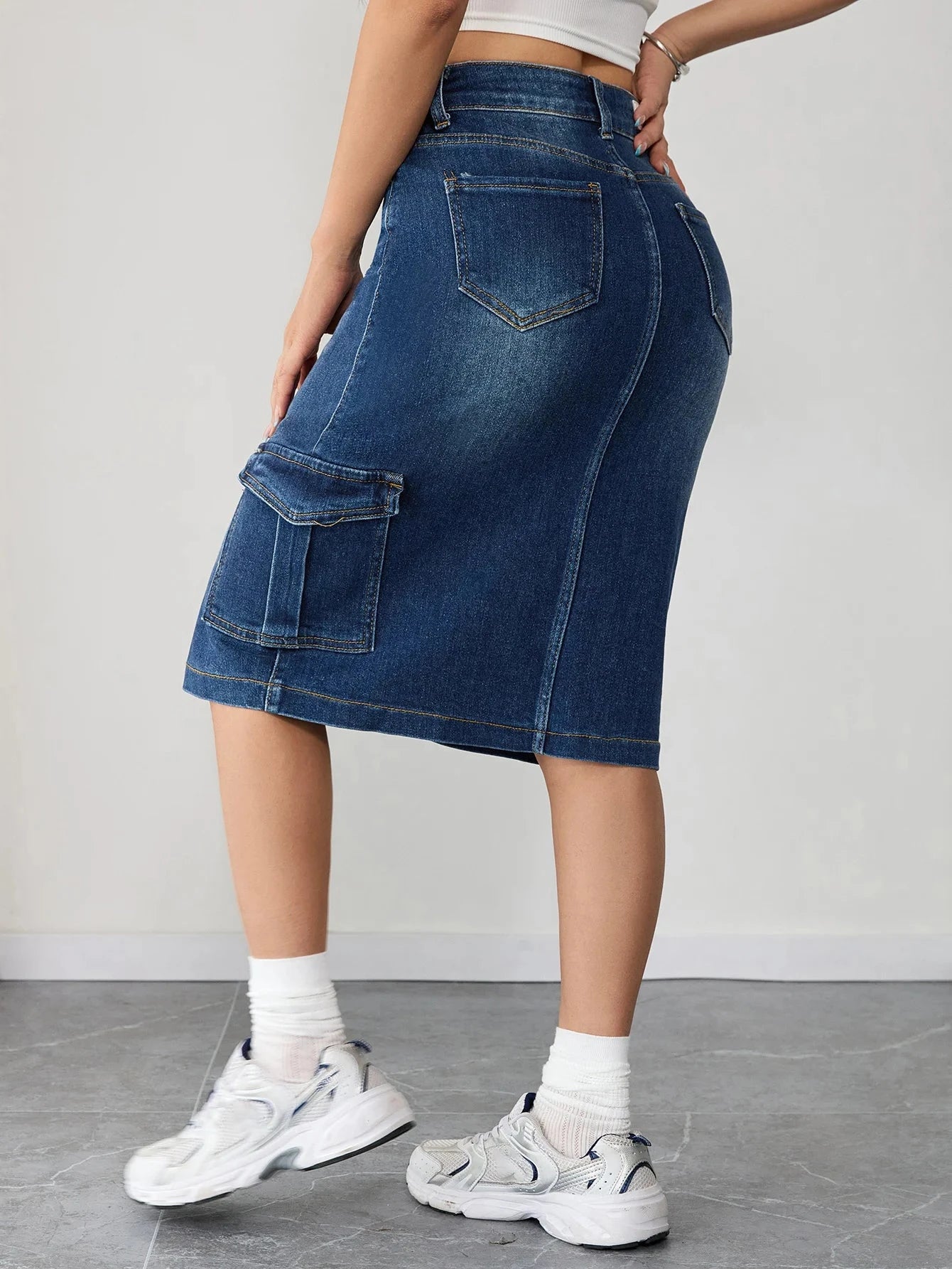 French Vintage Women's Cargo Denim Skirt Button Front Design High Waist Fashion Clothing Casual Outfit Elegant Feminine Style GlowCart