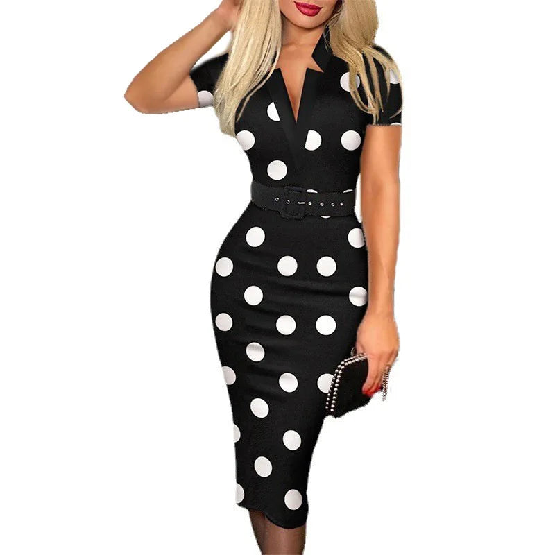 Allover Print V Neck Pencil Dress Elegant Long Sleeve Belt Dress Women's Clothing GlowCart
