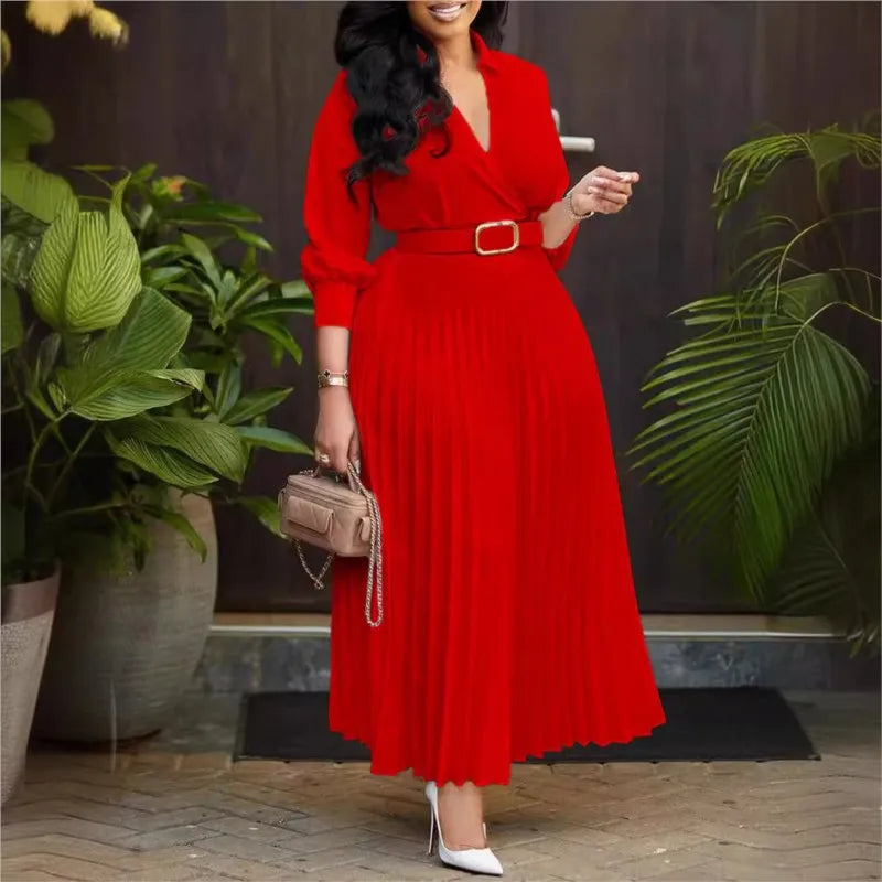 Autumn Women Pleated V Neck Long Sleeve Belt Midi Dress Elegant Long Sleeve Belt Red White Evening Party Dresses Robe Sexy Femne GlowCart
