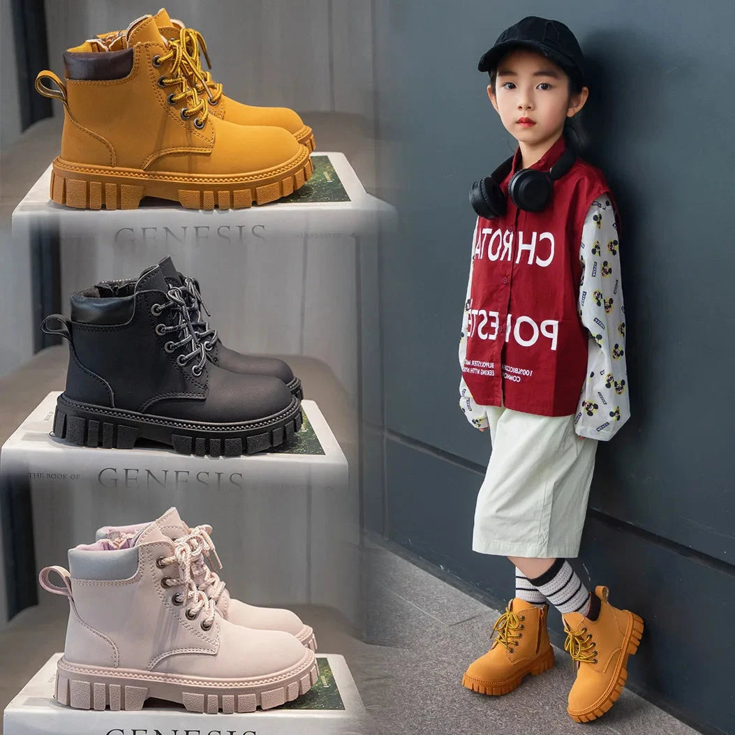 Fashion Boy Girl Short Boots Non-Slip British Style Boots Children's Side Zipper Design Single Boots Leather Boots Anti-skid GlowCart