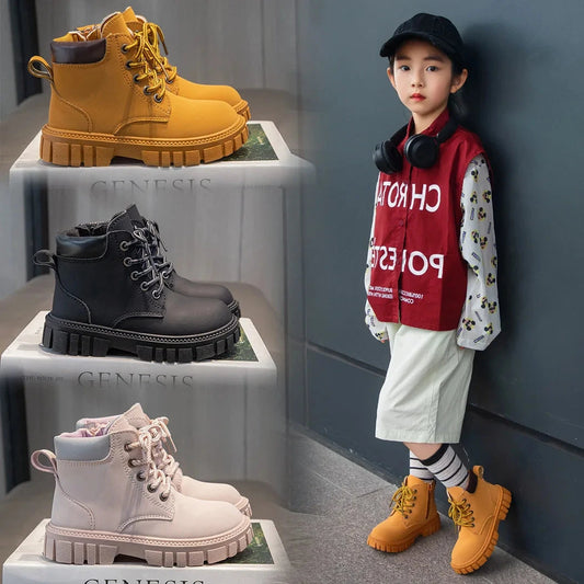 Fashion Boy Girl Short Boots Non-Slip British Style Boots Children's Side Zipper Design Single Boots Leather Boots Anti-skid GlowCart