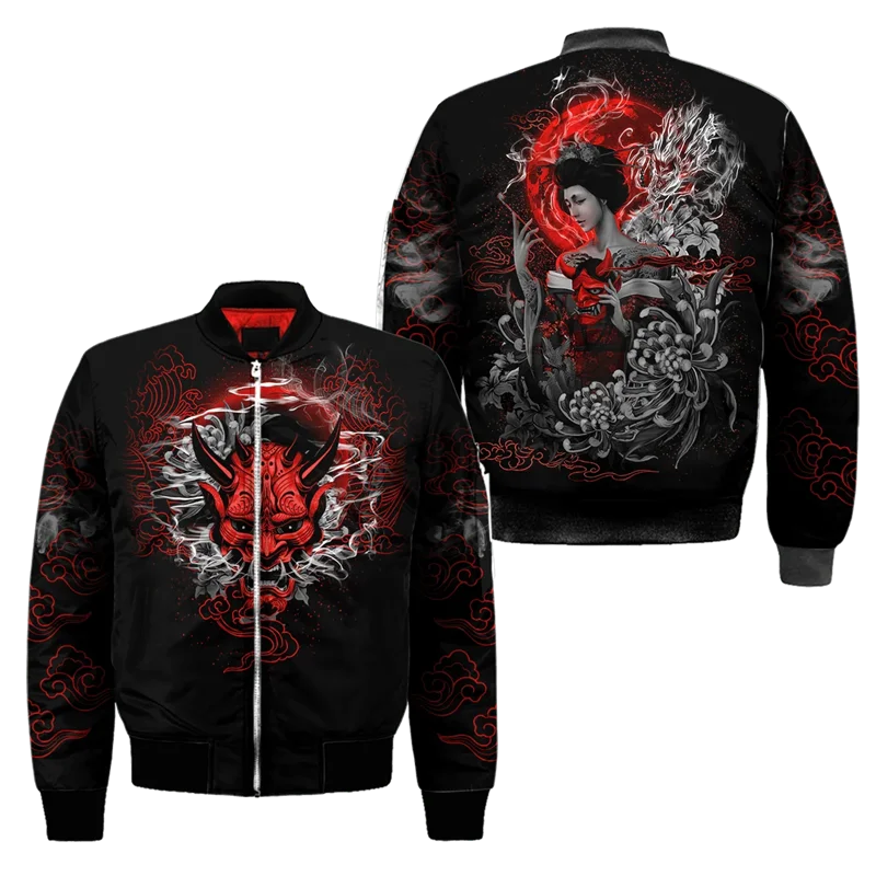 Spring Autumn Mens Bomber Jacket Samurai Oni Mask Tattoo 3D All Over Printed Zip Tracksuits Unisex Casual Zipper Jacket Clothing GlowCart