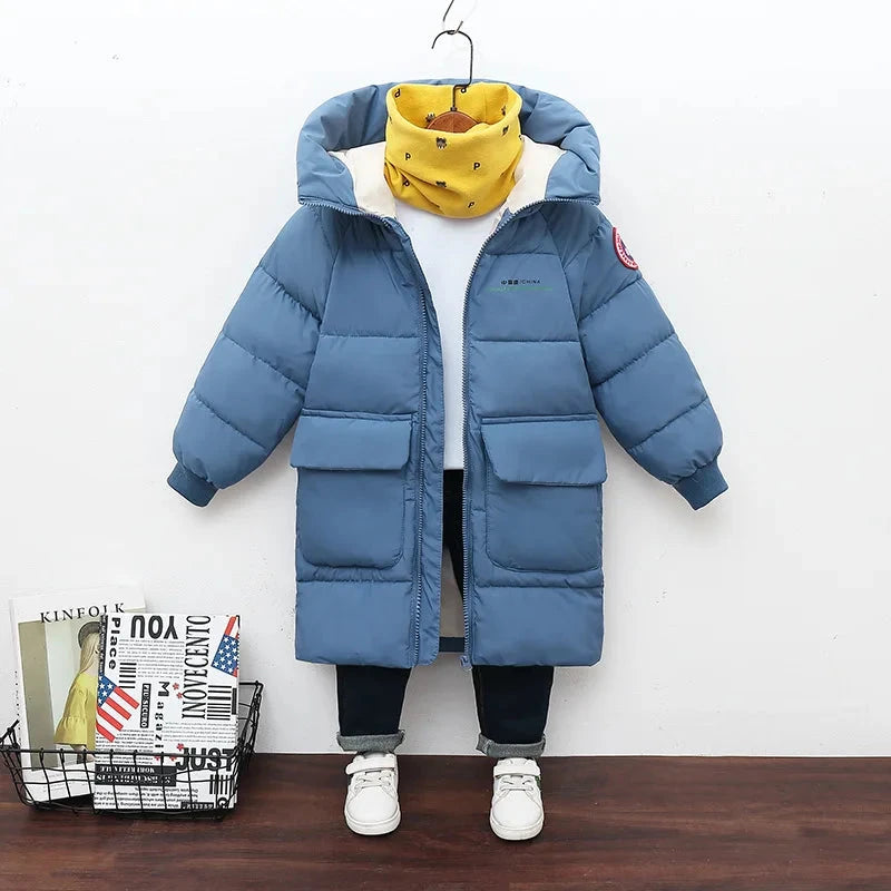 Winter New Teen Boys Jacket Long Style Solid Color Thick Keep Warm Hooded Windbreaker For 3-10 Years Kids Down Cotton Outwear GlowCart