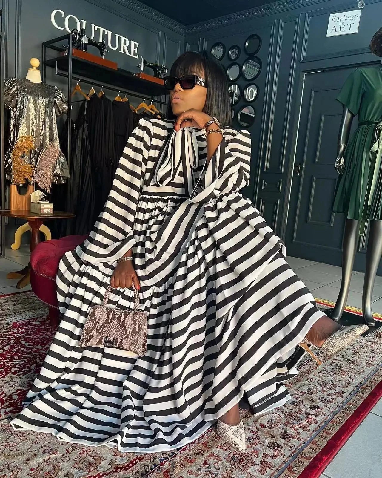 CM.YAYA Vintage Women Striped Bowknot Collar Long Sleeve GlowCart