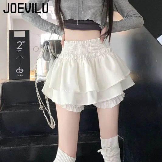 White Preppy Style Skirt Elastic High Waist Folds Design GlowCart