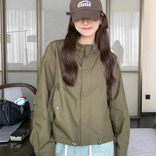 Military Green Stand Collar Short Windbreaker Women Early GlowCart