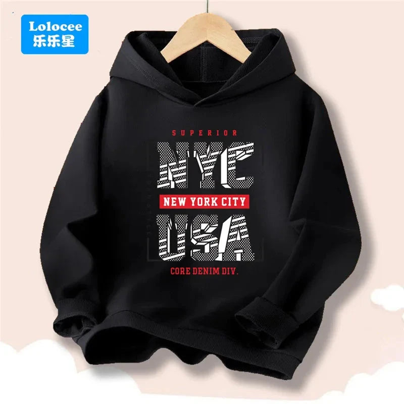 Boy Girl New York U.S.A City Hoodies Fashion Letter Printed Graphic Hooded Sweatshirts Kids Loose Pullover Sportwear ZMNY3 GlowCart