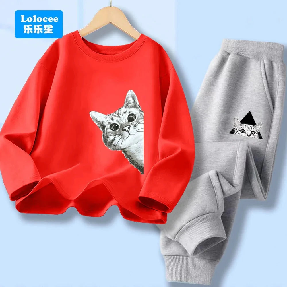 Spring Autumn Baby Boys Clothes Sets Kids Funny Cat Print Long Sleeve T-shirt Tops+ Pants Suits Boys' Tracksuit CLM1 GlowCart