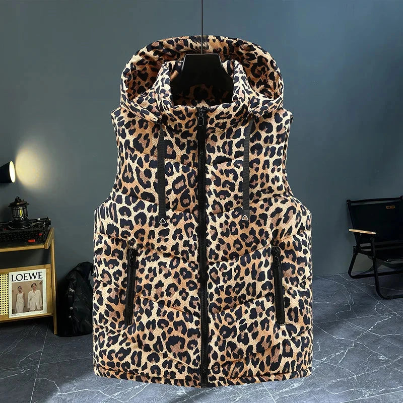 Winter Sleeveless Jacket Men Leopard Print Outerwear Vest GlowCart