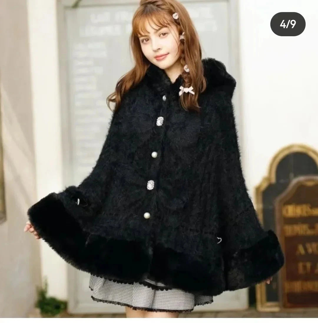 Japanese Liz Sweet Princess Faux Rabbit Fur Cape Coat Women GlowCart