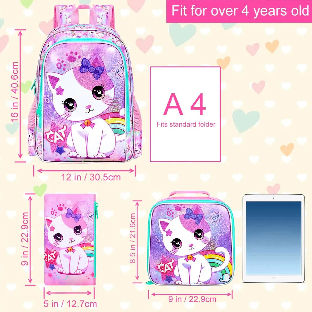 3PCS Backpacks for Girls Cute Reflective Cat Bookbag for Elementary, Kids Water Resistant Backpack Set with Lunch Box GlowCart