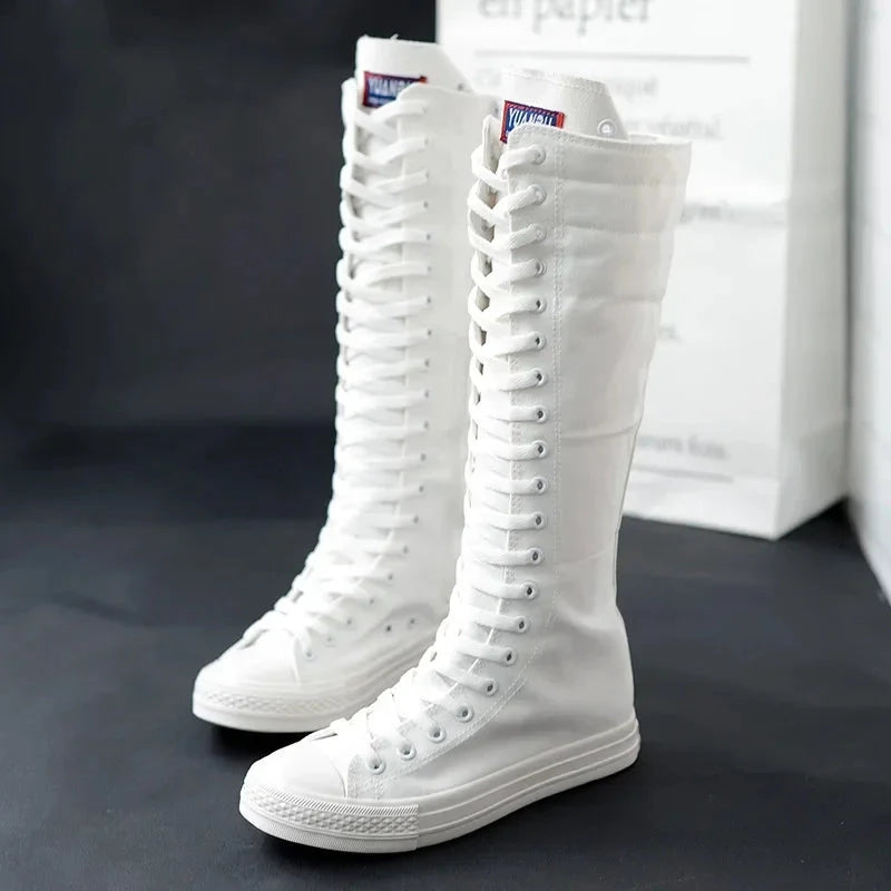Canvas Long Boots for Women High Top Women Canvas Shoes Lace GlowCart