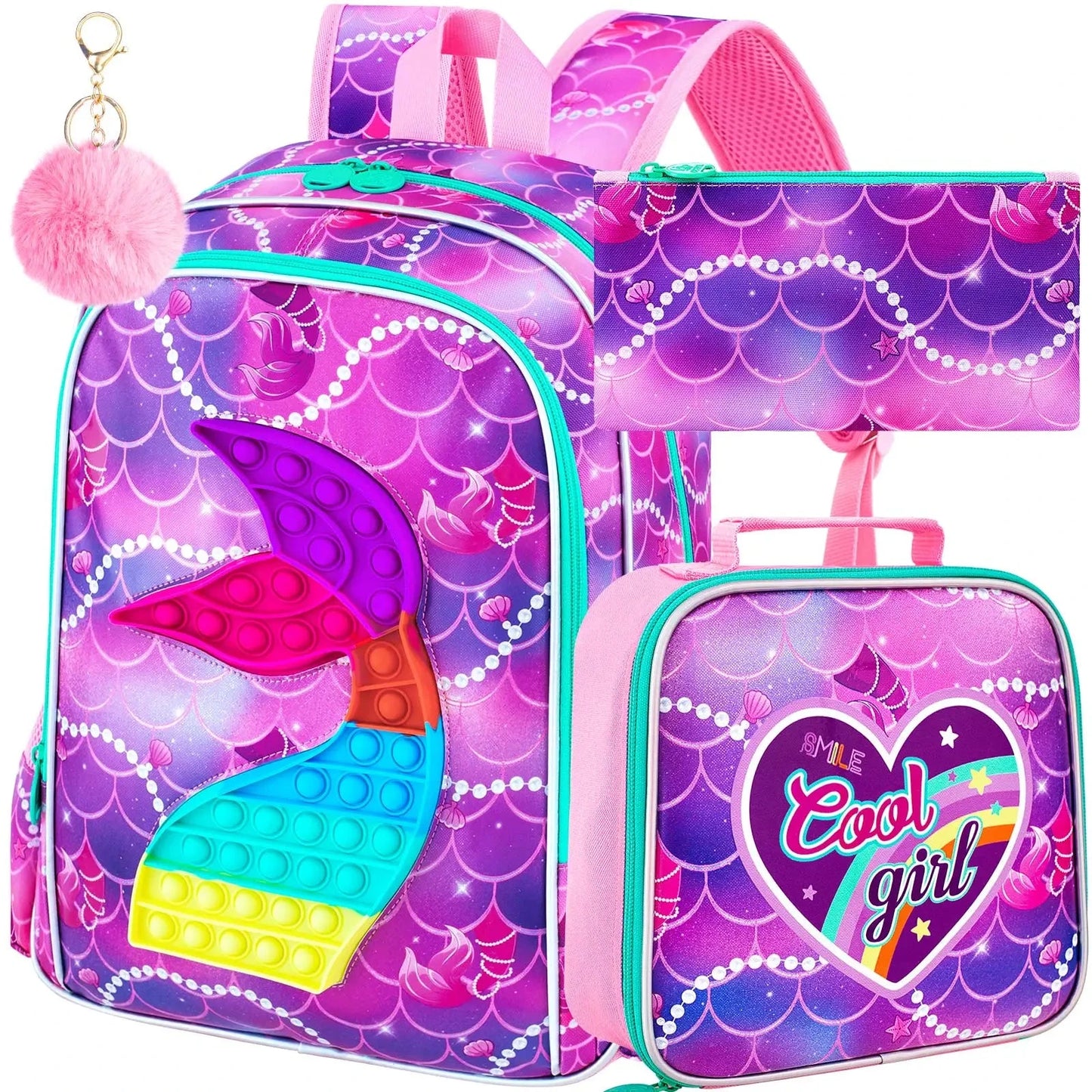 3PCS  Backpack for Girls, 16" Kids Backpacks with Lunch Box, Water Resistant Girl Bookbag for School Elementary GlowCart