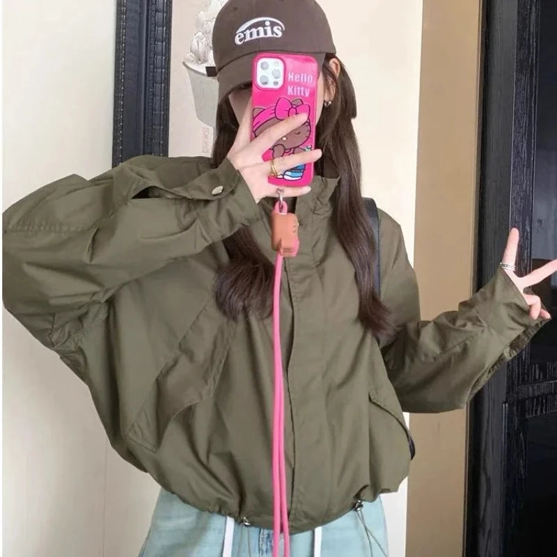 Military Green Stand Collar Short Windbreaker Women Early GlowCart