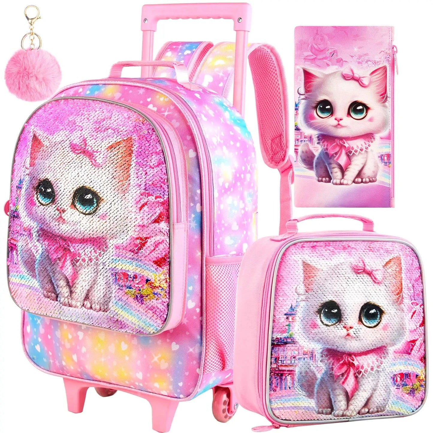 4PCS Rolling Backpack for Girls, Kids Cat Roller Wheels School Bookbag with Lunch Bag, Wheeled School Bag for Toddler Elementary GlowCart