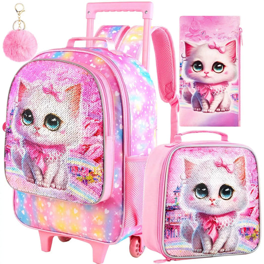4PCS Rolling Backpack for Girls, Kids Cat Roller Wheels School Bookbag with Lunch Bag, Wheeled School Bag for Toddler Elementary GlowCart
