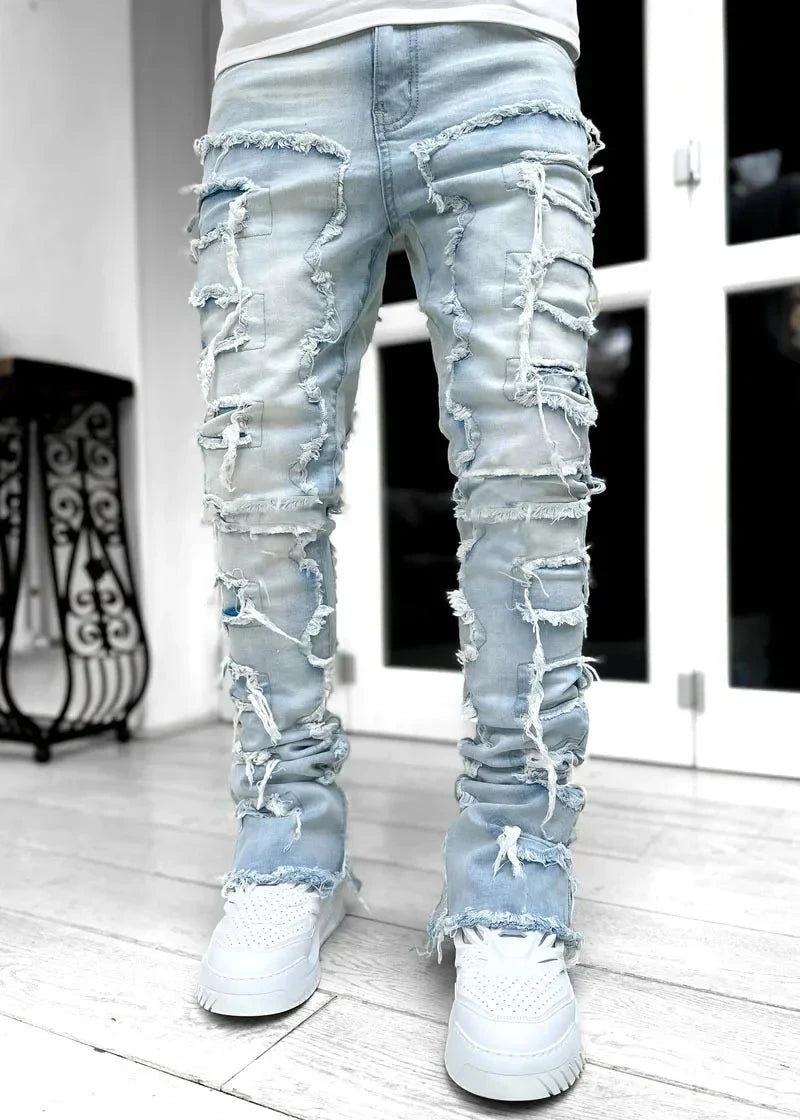 Men's Regular Fit Stacked Jeans Ripped Slim Fit Patch GlowCart