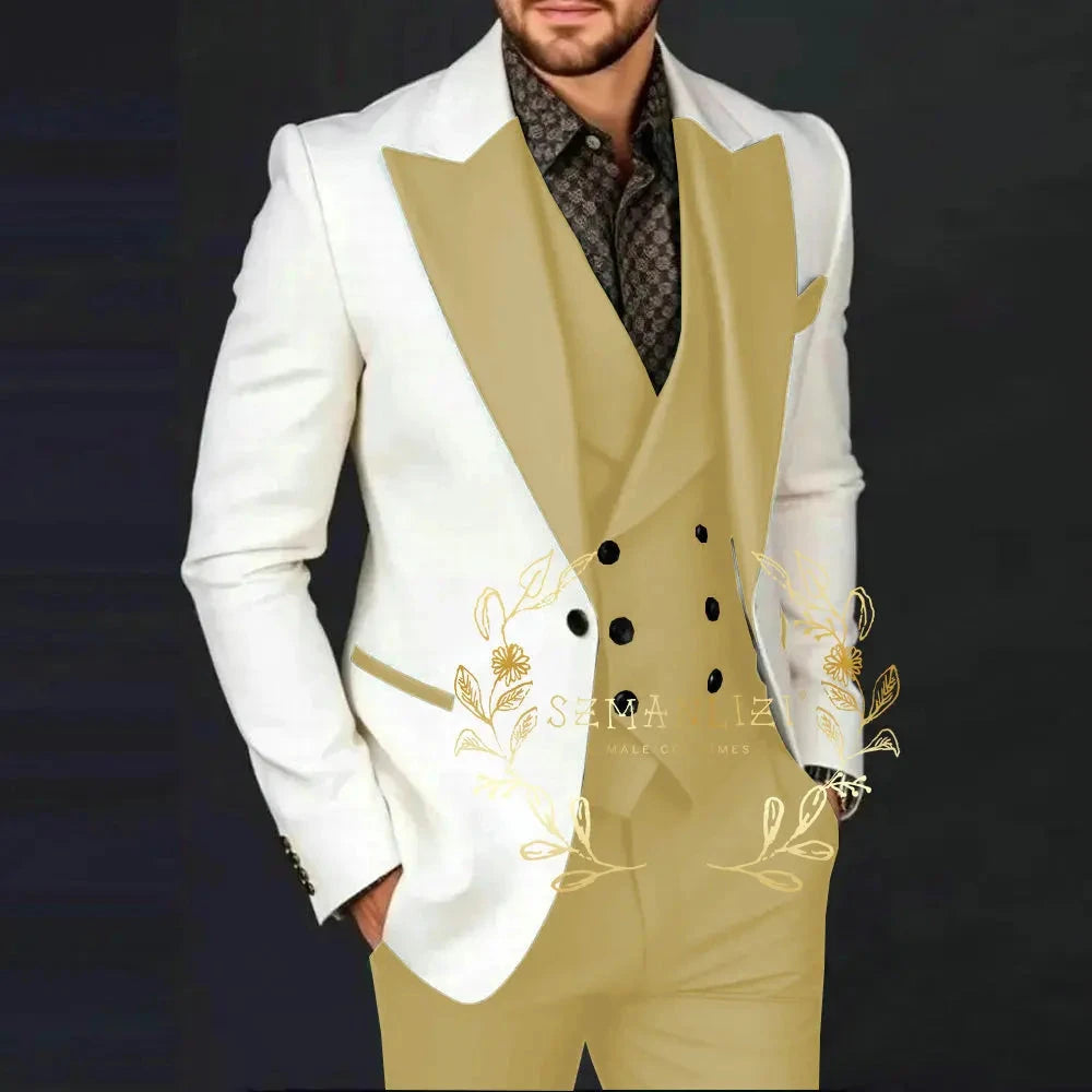 Ivory Jakcet Dark Green Vest Pant Men's 3-piece Suit Set GlowCart
