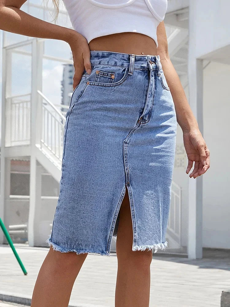 Zipper Fly Raw Hem Split Denim Skirt Women Spring and Summer High Waist Jeans Skirt Female Casual Bodycon Midi Skirts GlowCart