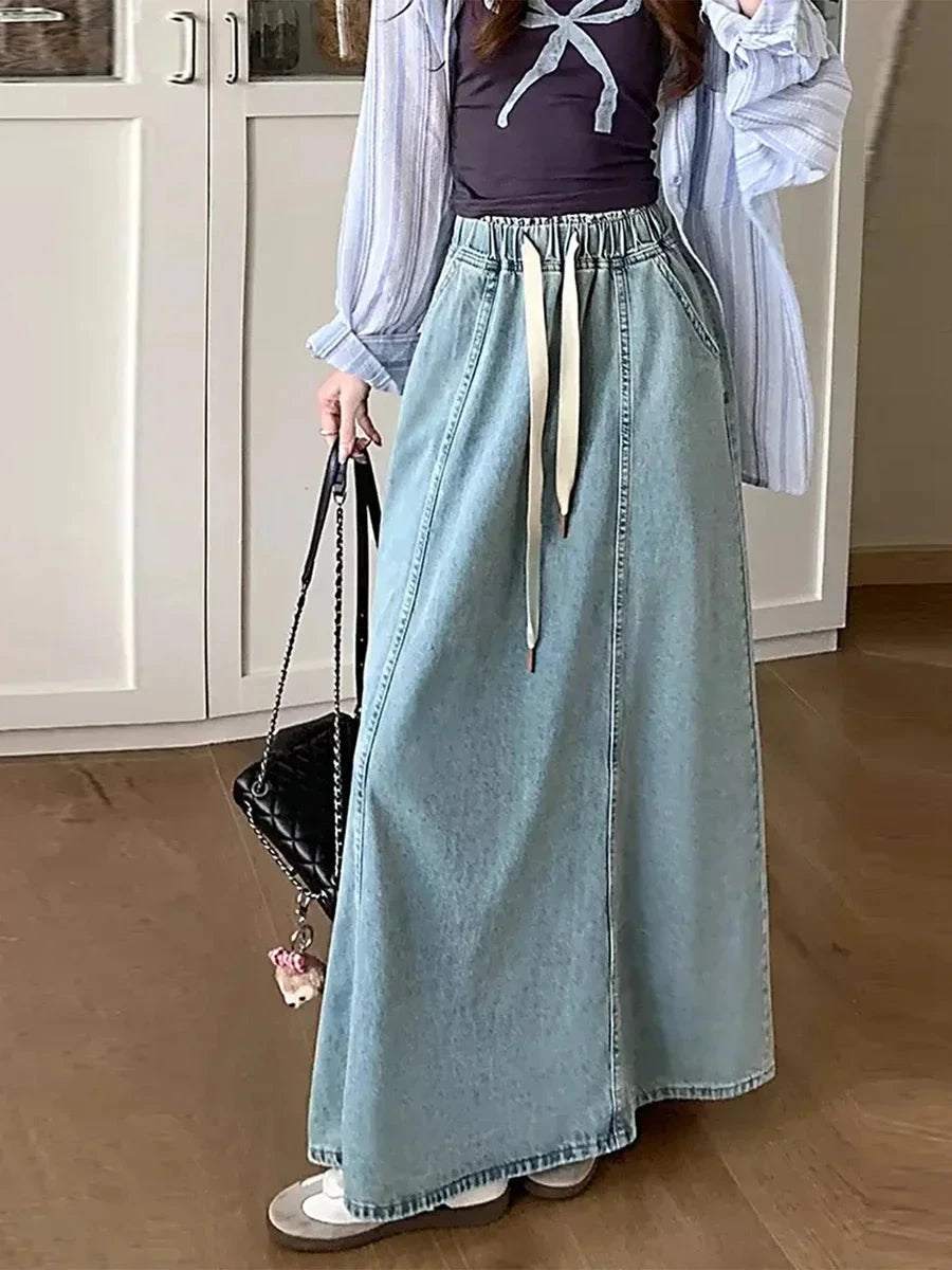 Harajuku Denim Skirt y2k Aesthetic Elastic Drawstring High Waist A Line Flare Jean Skirt Ladies Vintage Skirts Streetwear GlowCart