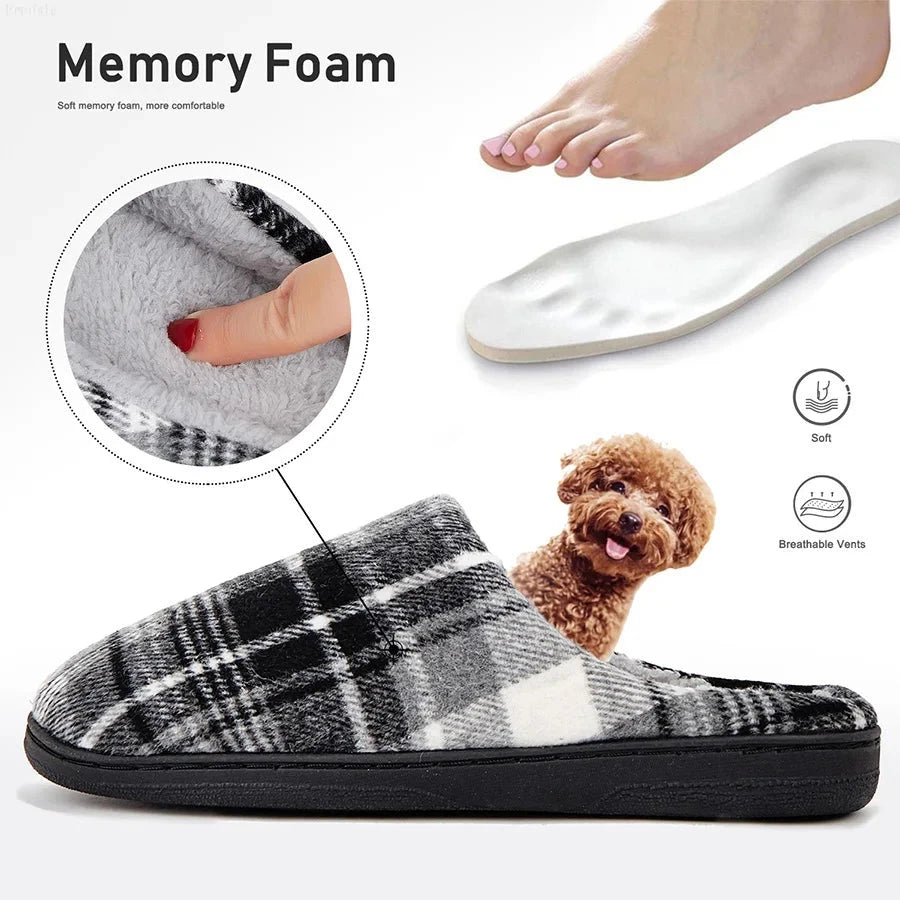 men's house slippers plaid furry comfy memory foam casual GlowCart