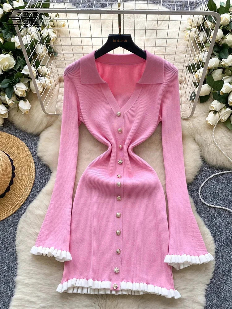 SINGREINY Autumn Sweet Basics Knit Dress Female Long Sleeve GlowCart