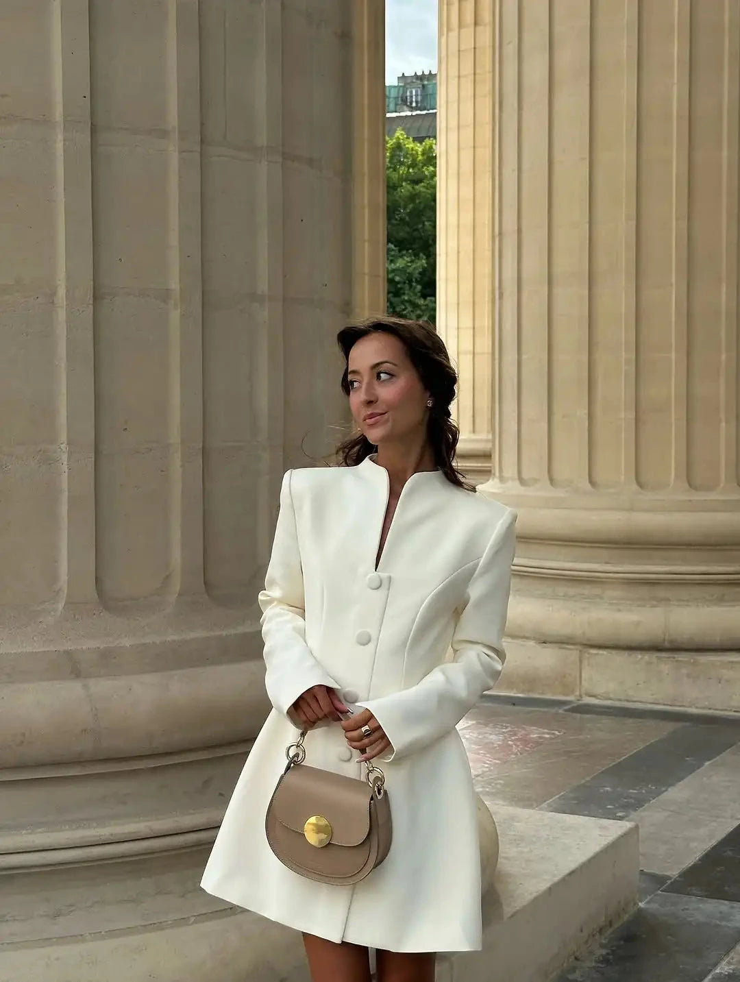 White Single Breasted A-line Mini Dress Women Elegant Solid GlowCart