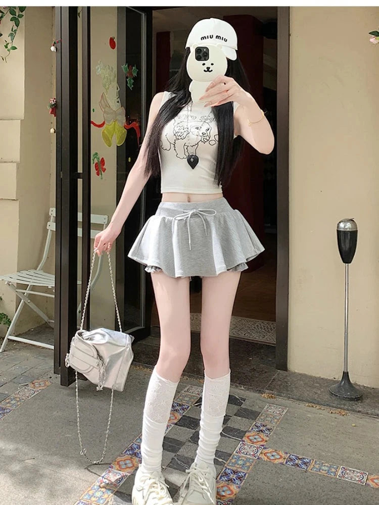 Sweet Ballet-style Grey Drawstring Skirt Women Korean GlowCart