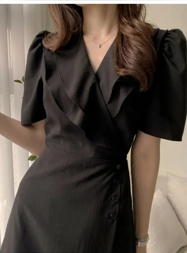 Summer New Chic V-ne Turn-down Collar Slimming Waist Midi Dr GlowCart