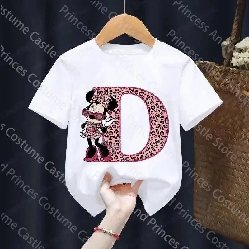 Letter A-Z Minnie Children  T-Shirts Name Combination Disney Kawaii Cartoons Clothes Kids Little Boy Girl Tee Shirts Casua GlowCart