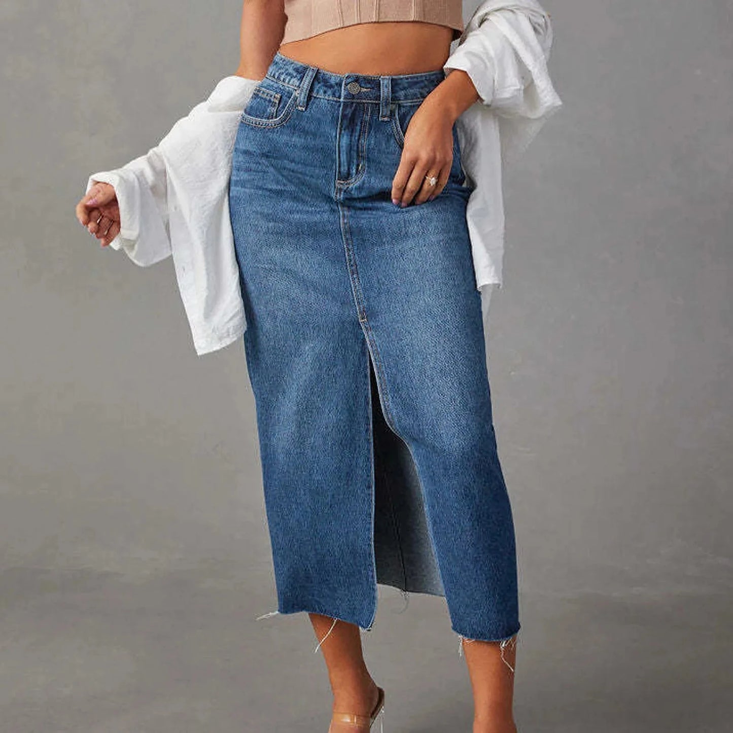2024 Summer Midi Skirts Vintage Korean Style Skirts For Women Black Blue Jeans Skirt High Waisted Denim Skirt Front Slit GlowCart