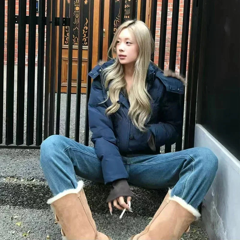 2025Autumn Winter Solid Leisure Women's  Fur Hooded Jacket GlowCart