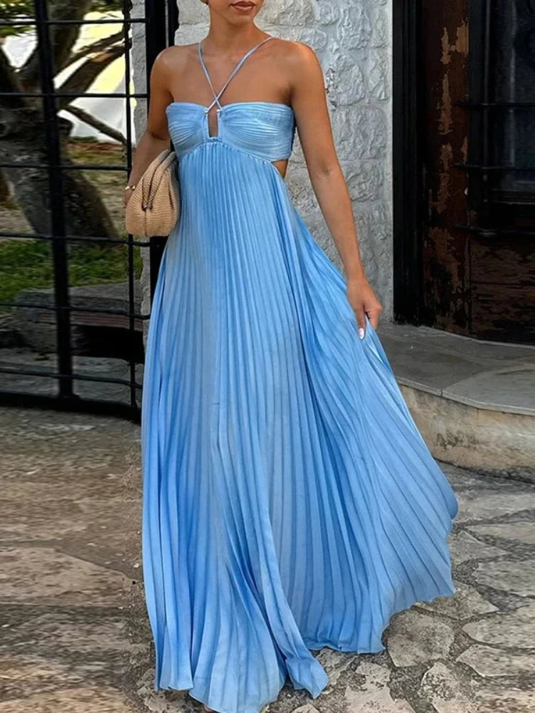 2025 High Waist Pleats Robe Dress Casual Sleeveless Solid GlowCart