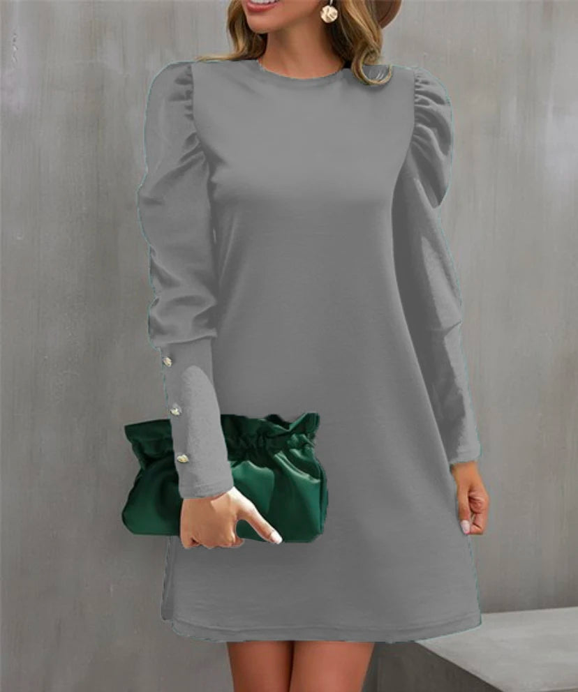 2024 European and American Cross-Border Women's Clothing Amazon Autumn and Winter New Pure Color Round Neck Puff Sleeve Button L GlowCart