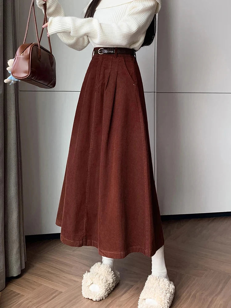 Elegant Winter Corduroy Maxi Long Skirt Women Fashion Korean Big Swing Umbrella A-line Skirts Loose Elastic Waist Falda Plisada GlowCart