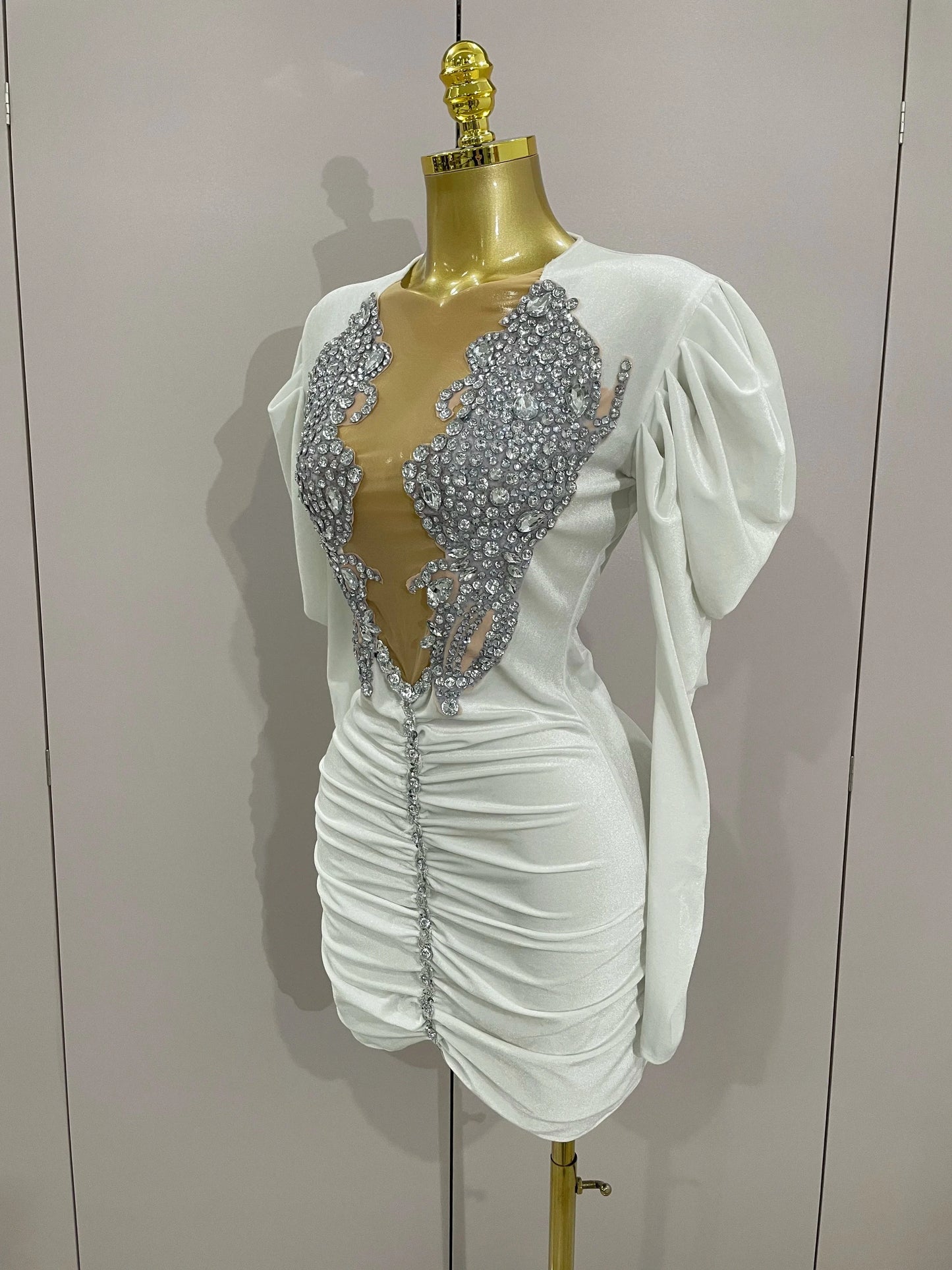Luxury Sparkly Crystals Sexy Mesh White Velvet Short Dress GlowCart