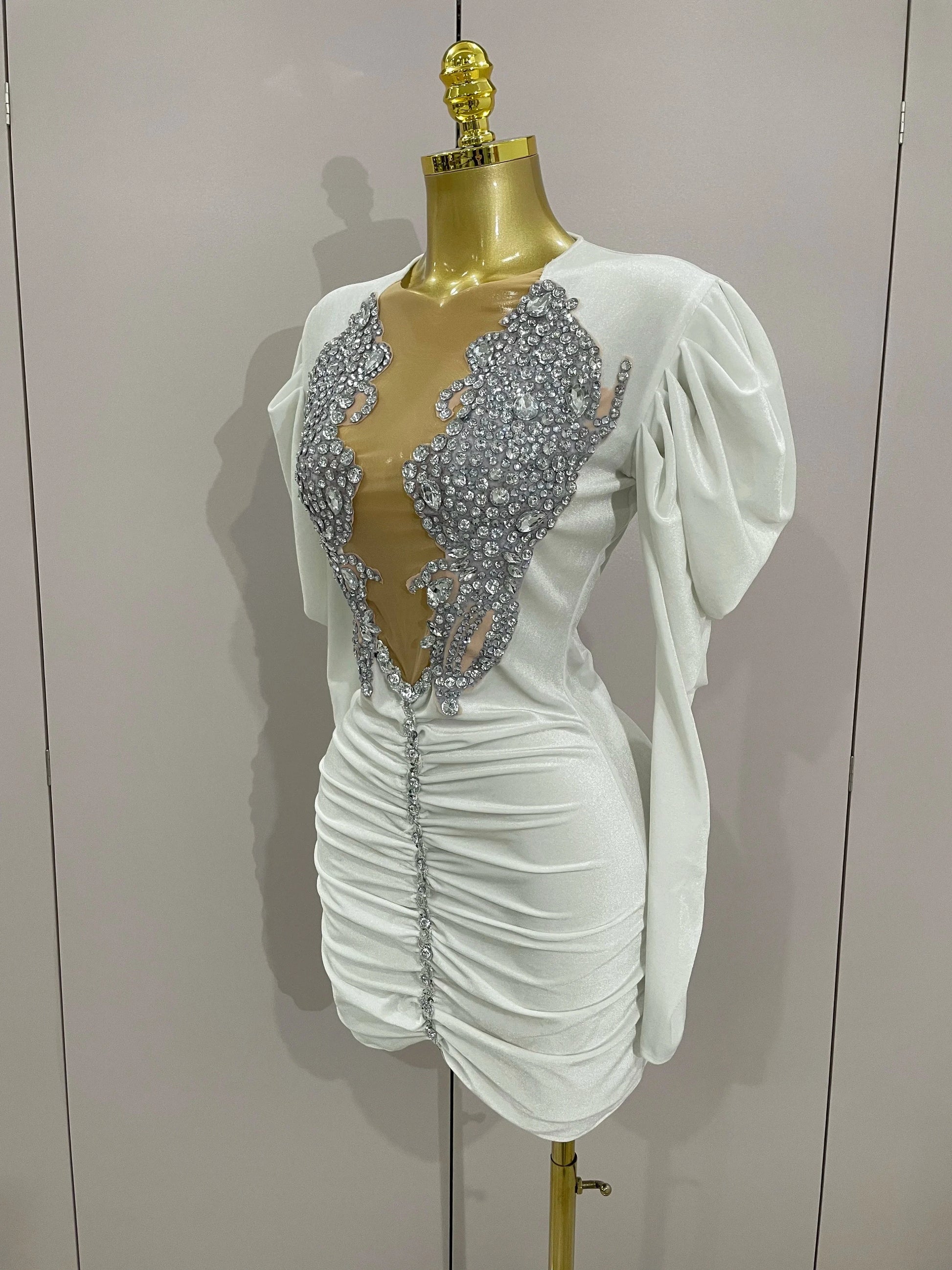 Luxury Sparkly Crystals Sexy Mesh White Velvet Short Dress GlowCart
