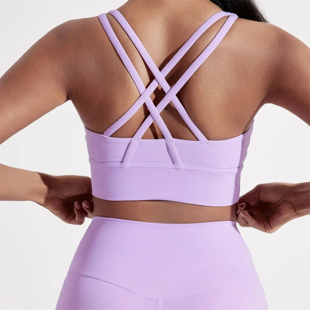Solid Color Women Cross back Fitness sport Bra high strength Tight Top Comprehensive Training Gym Yoga Underwear With Chest Pad GlowCart