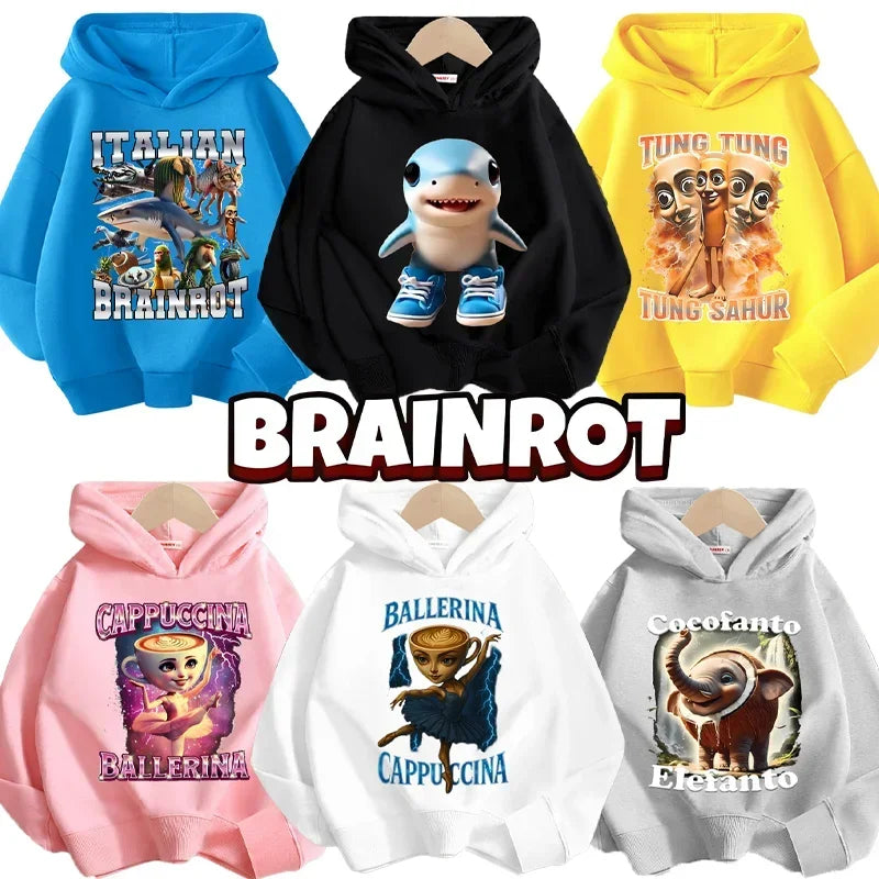Italian Brainrot Kids Hoodie Funny Cartoon Graphic Thin Sweatshirts Tung Tungtung Sahur Casuals Long Sleeves Tops Boys Clothes GlowCart