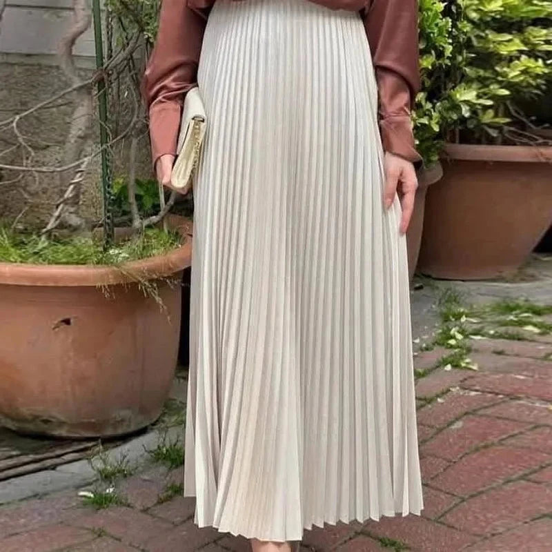 HXAO Women's Pleated Skirt Summer Brown Ruffle Skirt Cylinder Pleats Mid Waist Midi Skirt Fashion Elegant Women Long Skirt 2025 GlowCart