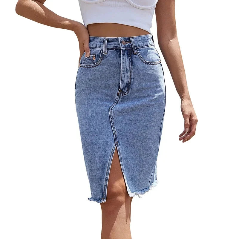 Zipper Fly Raw Hem Split Denim Skirt Women Spring and Summer High Waist Jeans Skirt Female Casual Bodycon Midi Skirts GlowCart