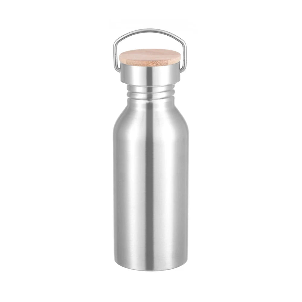 Silver Single Wall Water Bottle 304 Stainless Steel Water Bottles Portable Leak-Proof Bamboo Lid Insulated Metal Flask GlowCart