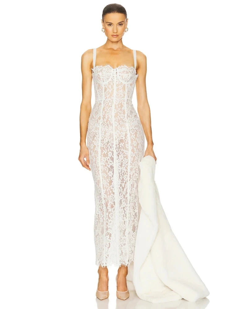 Sexy Spaghetti Strap V Neck Lace Long Dress Women Black GlowCart