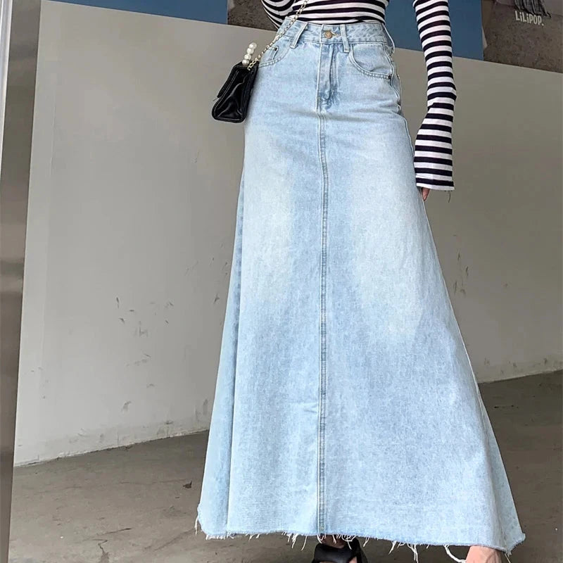 Autumn 2025 High Waist A-Line Denim Skirt for Women Y2K Style with Raw Hem Flared Maxi Bodycon Trend Retro GlowCart