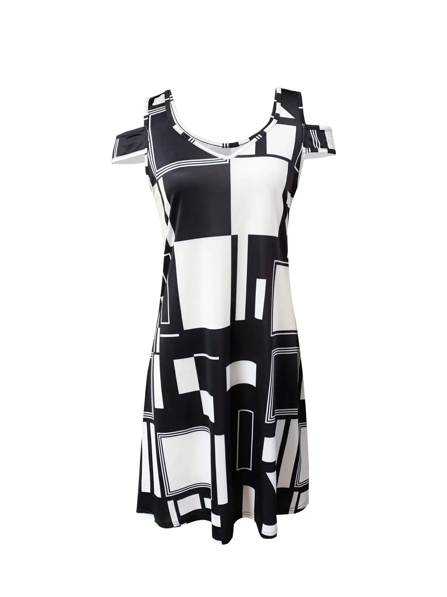 Summer Geometric Pattern Off-shoulder V-Neck Dress For Women,Casual Summer Sundress, Flowy Everyday Mini Dress GlowCart