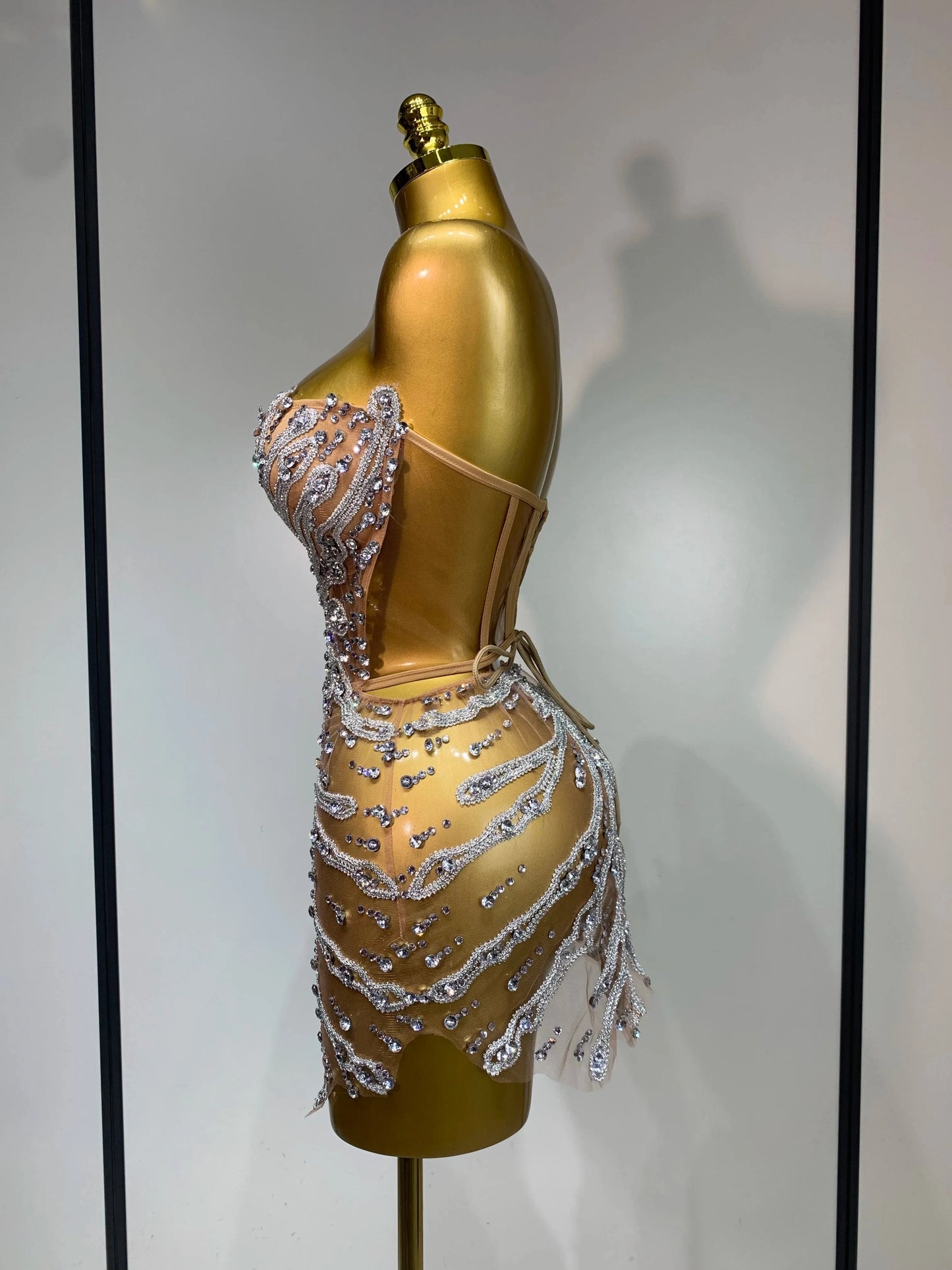 Women Sexy Strapless Rhinestones  Mini Dress Performance GlowCart