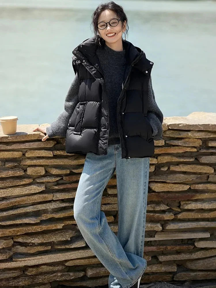 Autumn Winter Fluffy Puff Hooded Down Vest Female Drawstring GlowCart