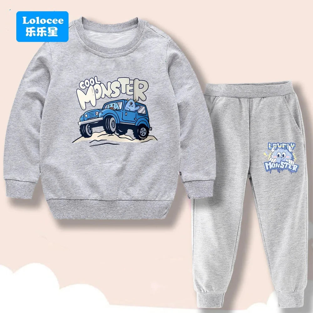 Spring/Autumn Children's Clothing Sets Cartoon Monster Print Boys' O Neck Sweatshirt Pants Two Piece Pullover Set for Kids GSJX1 GlowCart