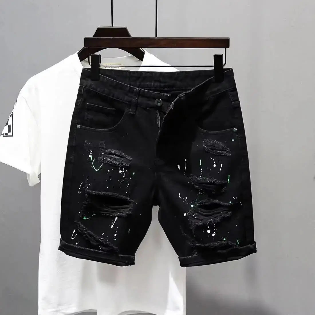 Summer Casual Men's Denim Shorts Korean Straight Washed Jeans Short Ins Ripped Cat Whisker Ink Splash Plaid Black Five-Pants GlowCart
