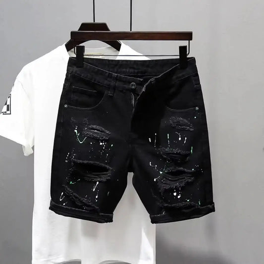 Summer Casual Men's Denim Shorts Korean Straight Washed Jeans Short Ins Ripped Cat Whisker Ink Splash Plaid Black Five-Pants GlowCart